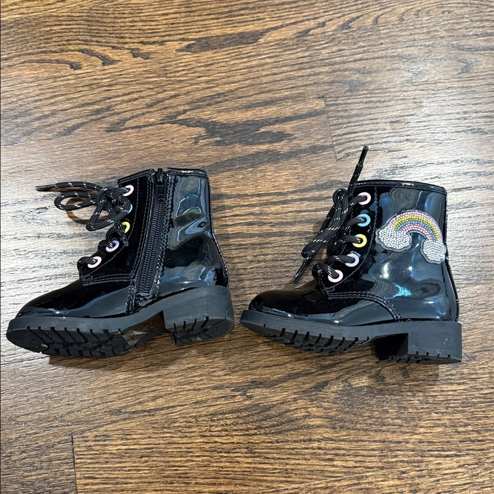 Black Patent Leather Kids Boots with Rainbow Detail